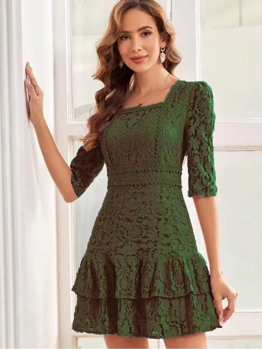 Floral Lace Mini Dress - Dark Green